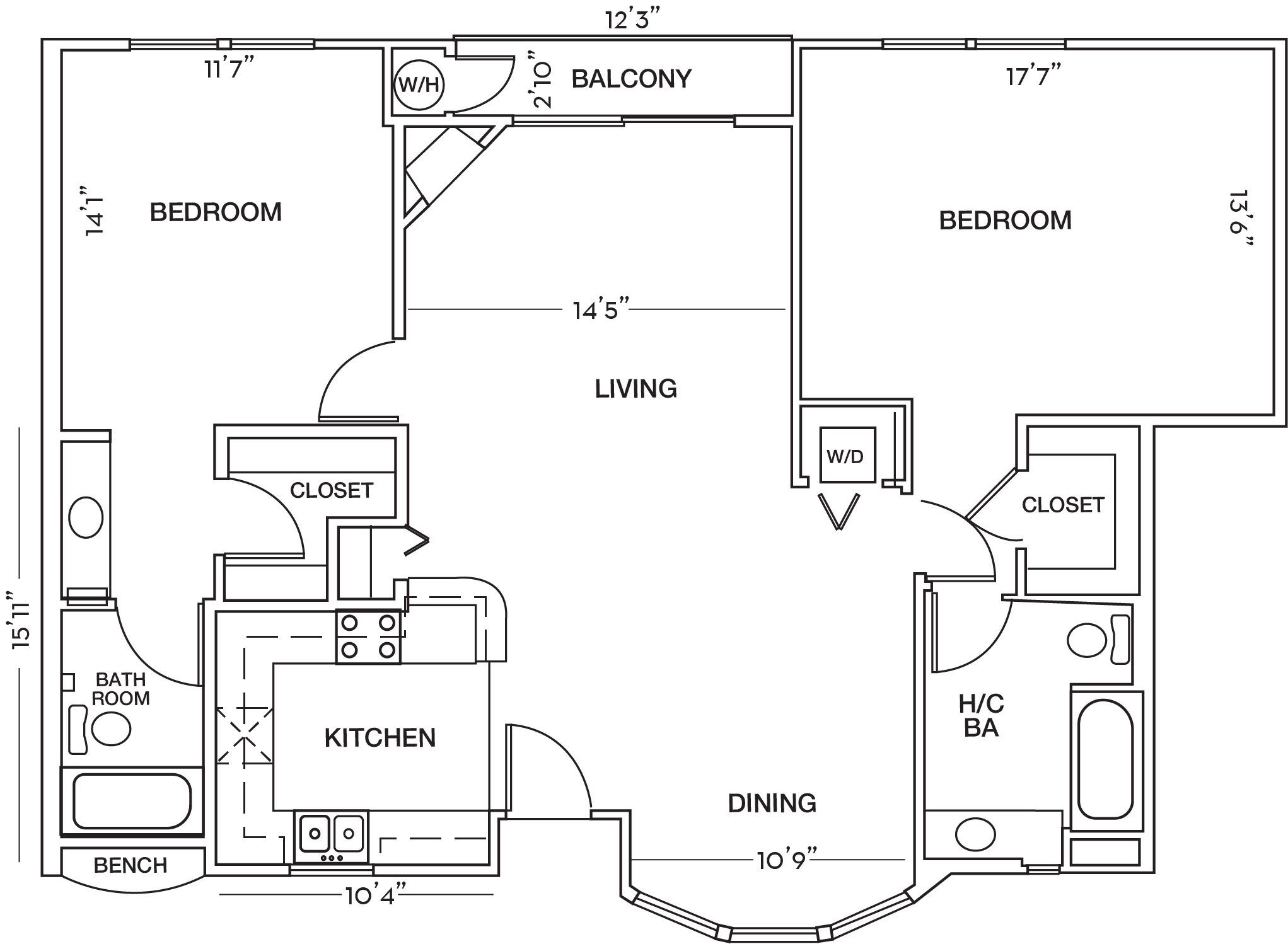 Floor plan for 2 beds, 2 baths, 1213 sqft